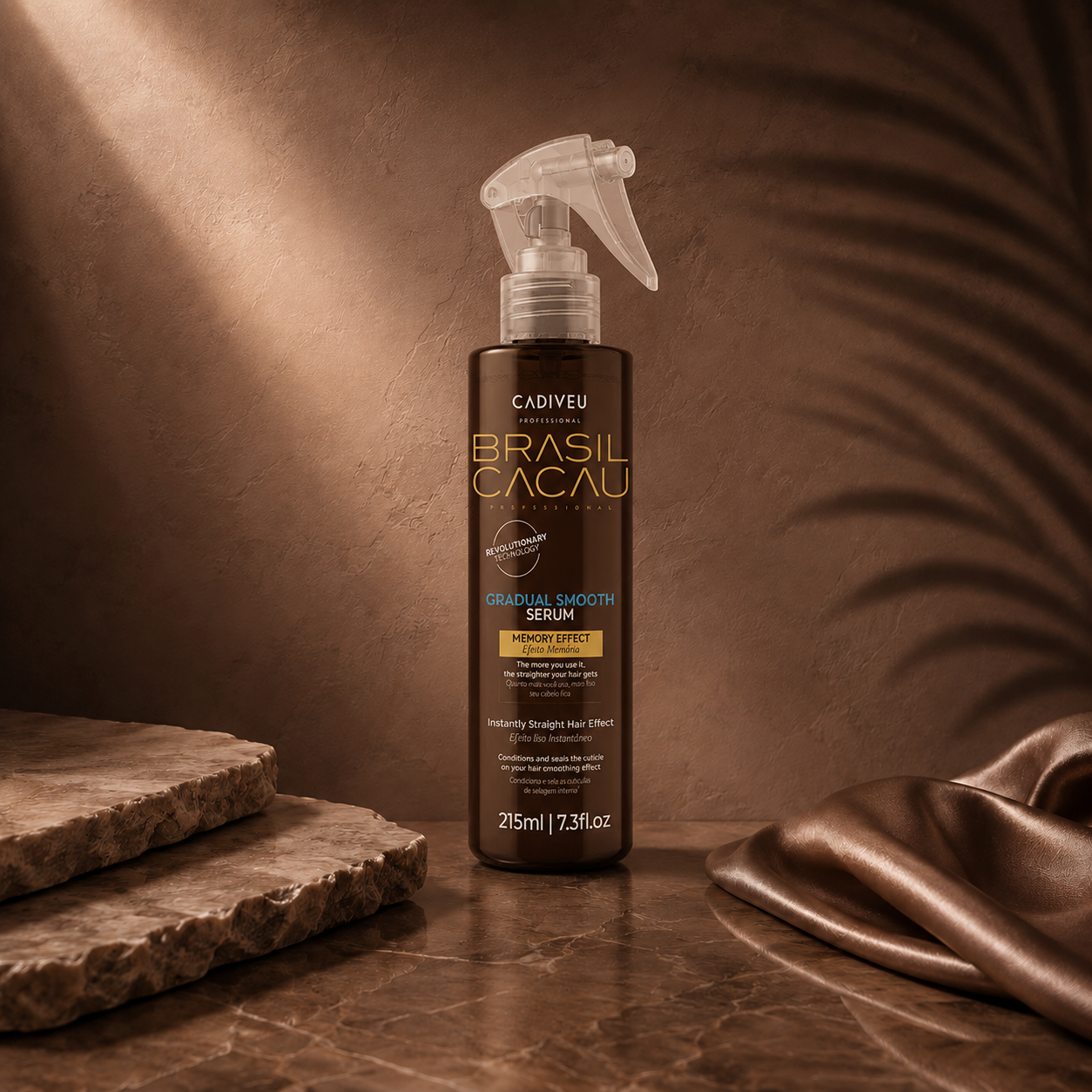 Cadiveu Brazil Cacau anti-frizz serum in 215ml spray bottle, smooths and controls frizz for shiny hair.