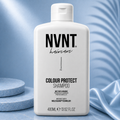 Blue 400ml NVNT Colour Defence Shampoo Ritual by Ds Hair By Dalia, showcasing the sleek bottle and vibrant label.