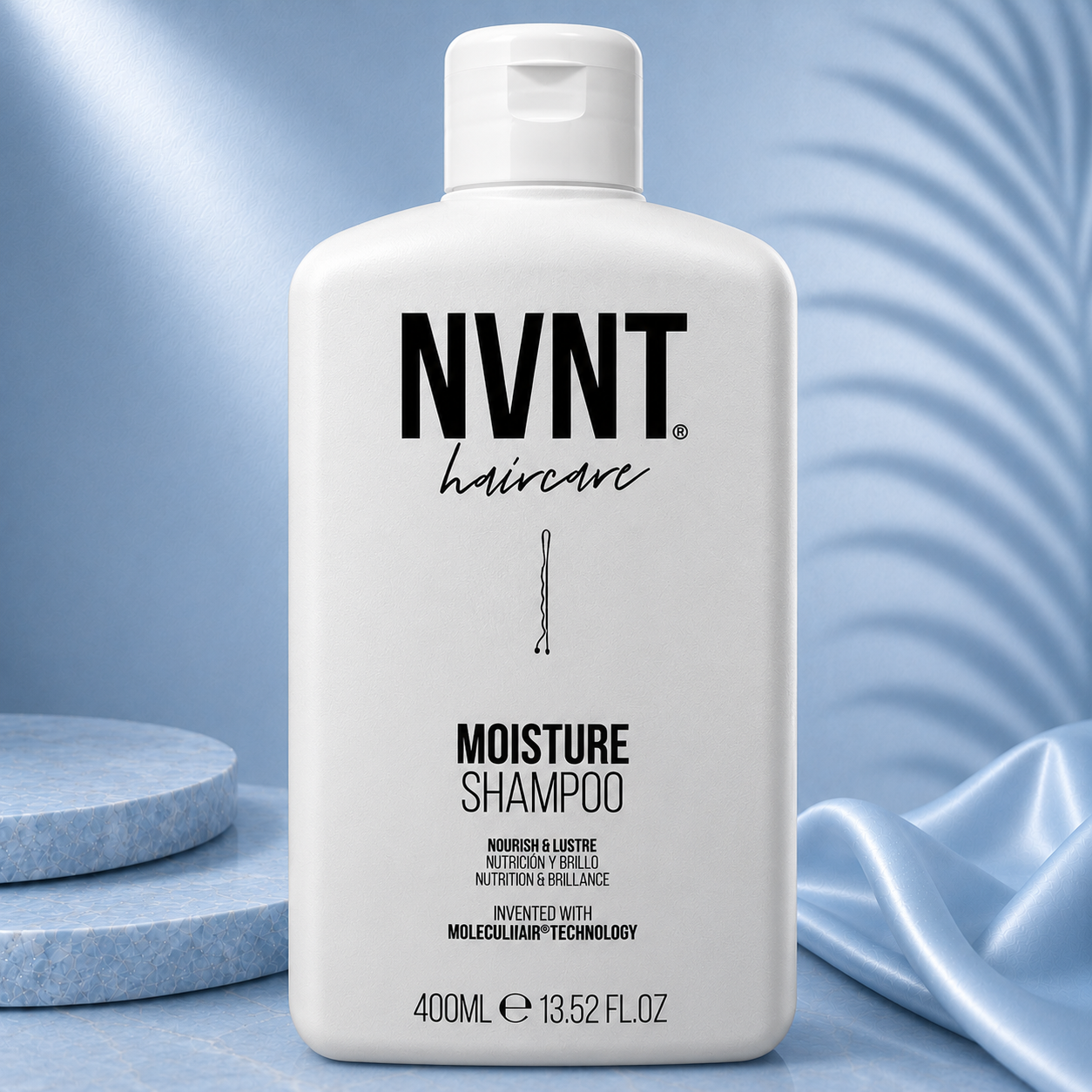 Ds Hair By Dalia NVNT 400ml Moisture Shampoo Ritual bottle with blue label and sleek design for nourishing hair care.