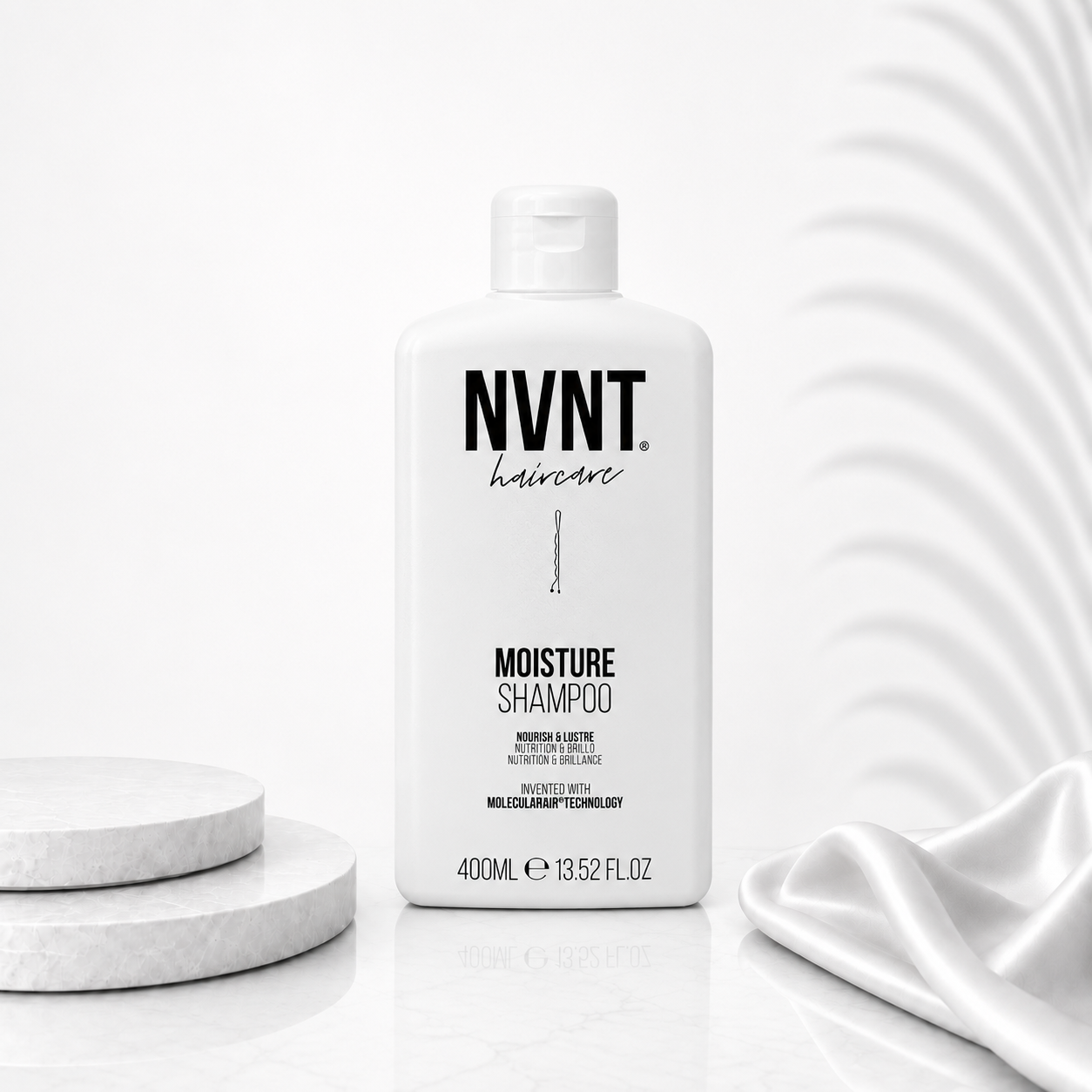 NVNT Ds Hair By Dalia 400ml Moisture Shampoo Ritual bottle with clear label and pump dispenser for hydrating hair care.