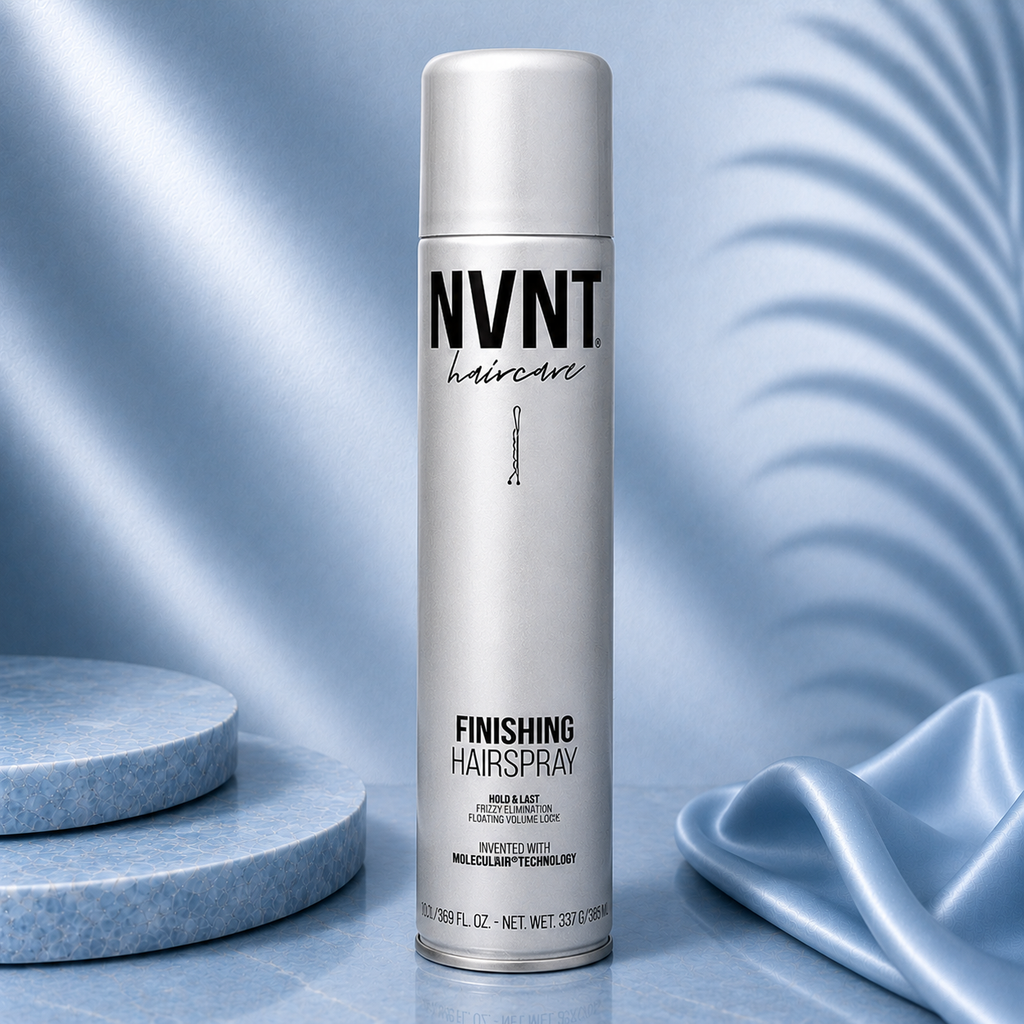 Ds Hair By Dalia NVNT 500ml finishing hairspray bottle with blue cap and spray nozzle, ideal for holding hairstyles in place.