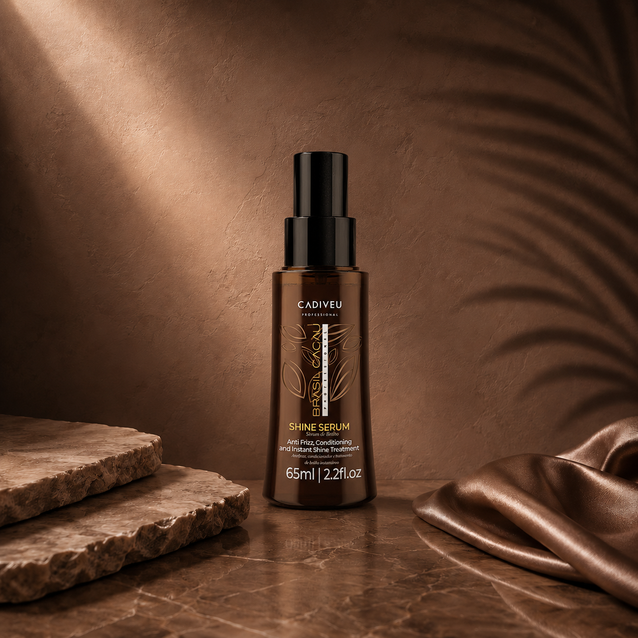 Cadiveu Brazil Cacau 65ml Anti-Frizz Shine Serum by Ds Hair By Dalia, showing a sleek bottle of hair smoothing serum.