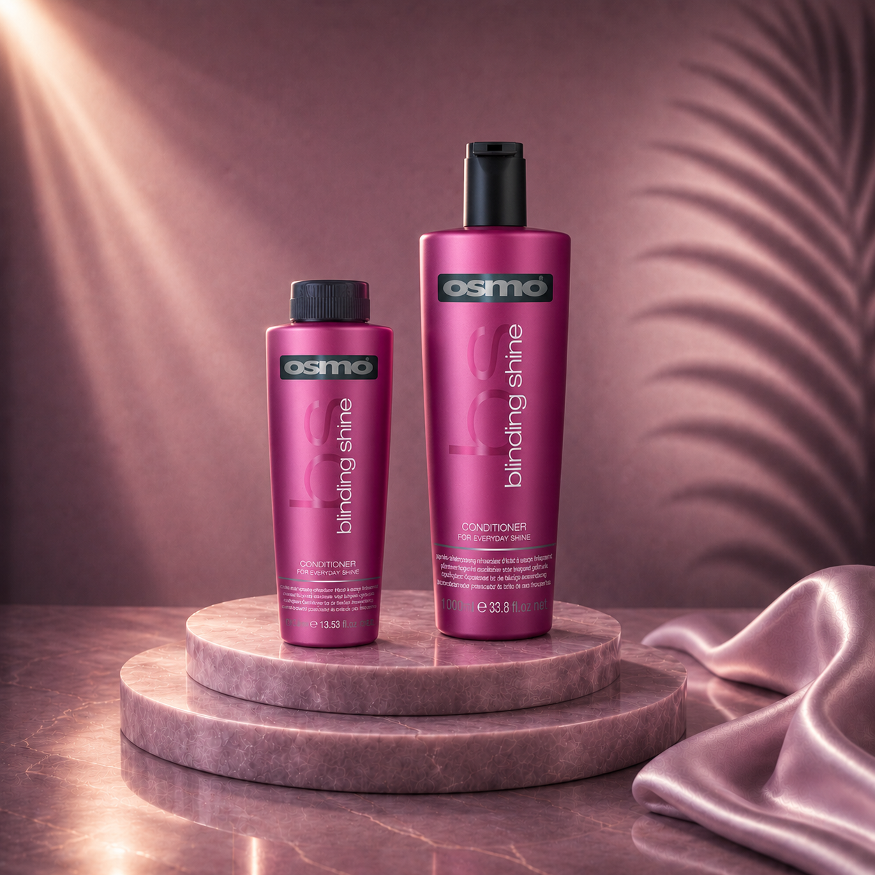 Osmo Ds Hair By Dalia 400ml Glass Shine Conditioner Ritual with a sleek bottle and shiny hair strands in the background.