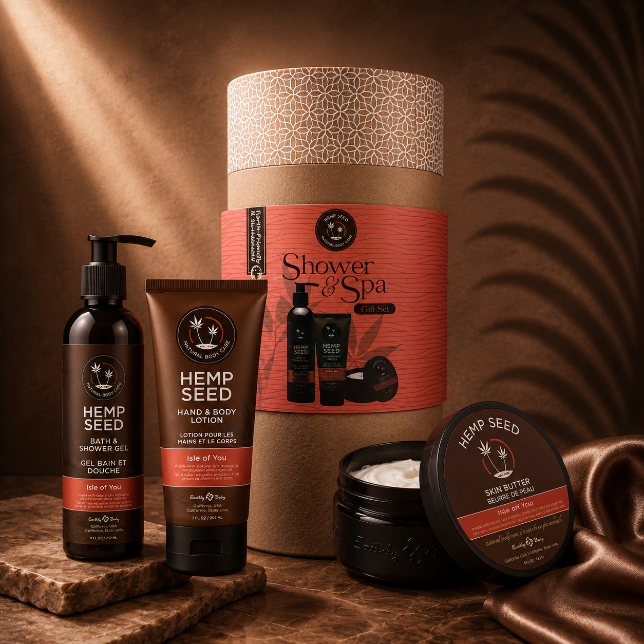 Earthly Body Hemp Seed Spa Gift Set Ritual with natural hempseed products in a decorative gift box.