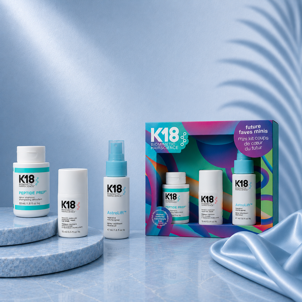 K18 Hair Repair Future Faves Ritual Set by Ds Hair By Dalia featuring small bottles of K18 hair repair products on a white background.