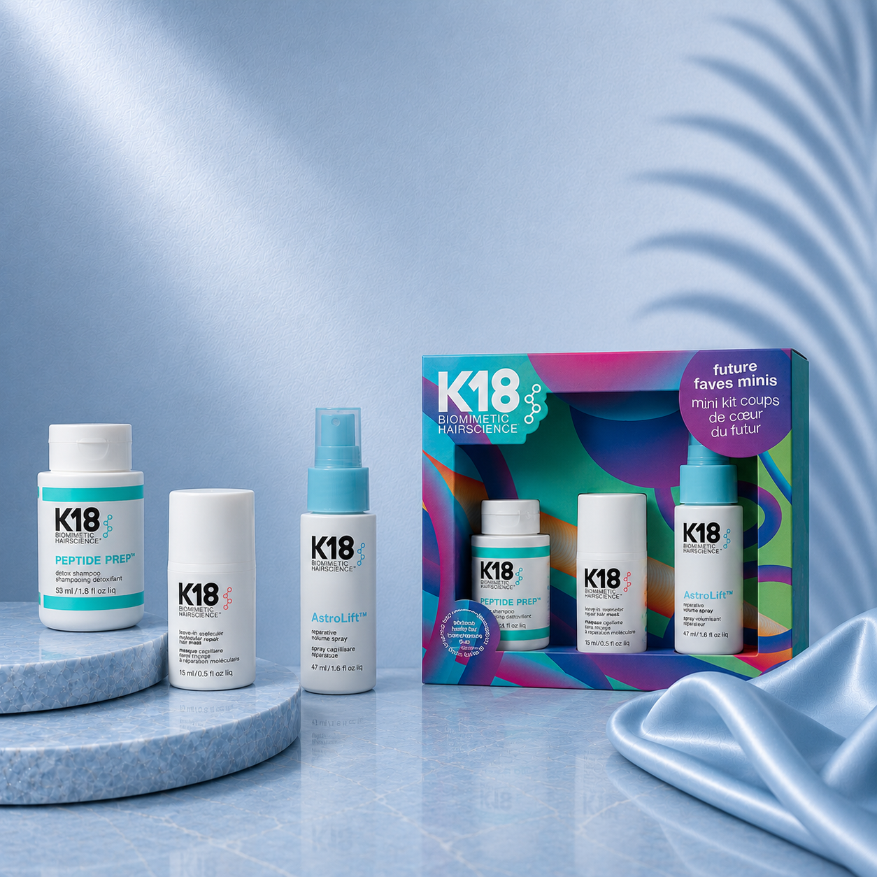 K18 Hair Repair Future Faves Ritual Set by Ds Hair By Dalia featuring small bottles of K18 hair repair products on a white background.