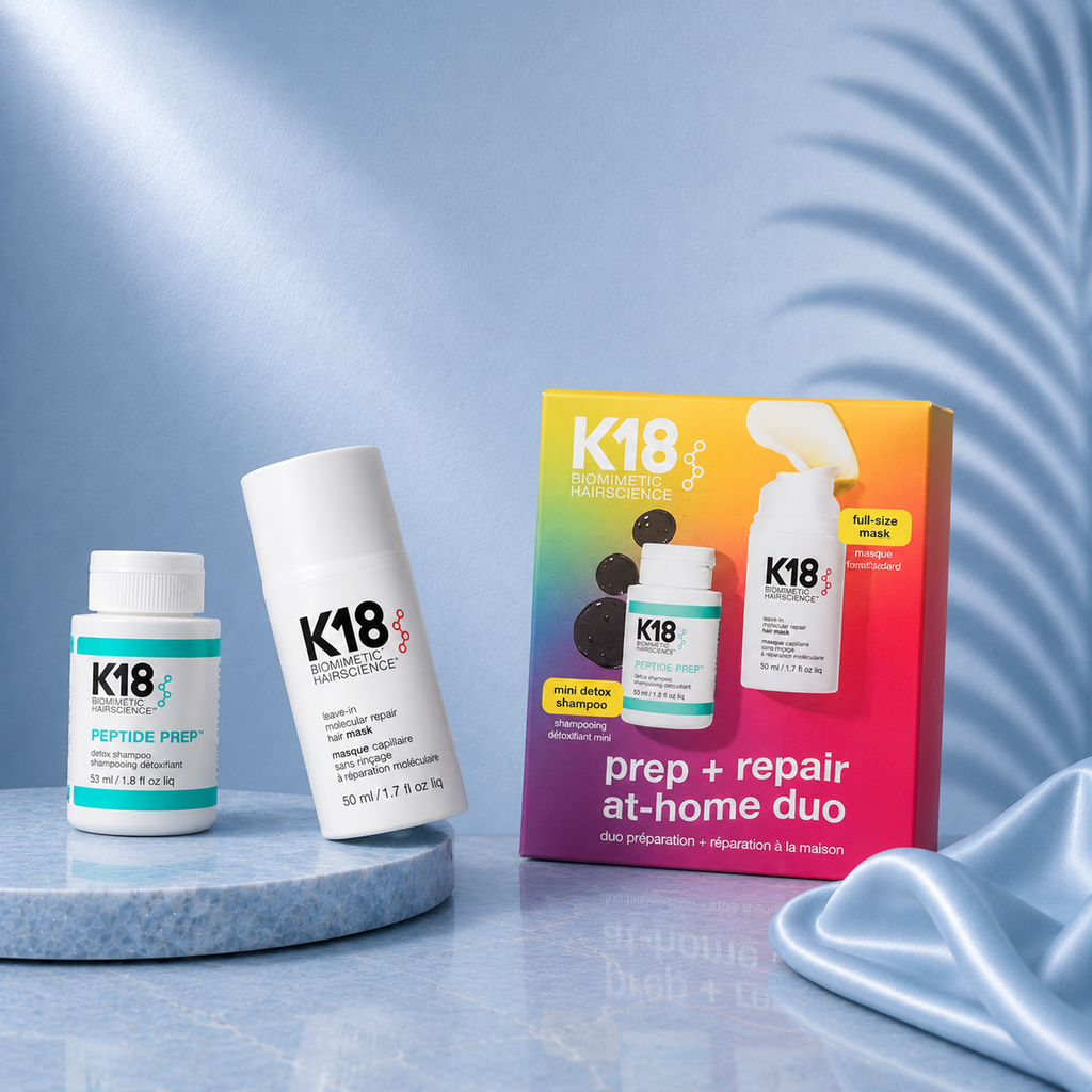 K18 Repair Essentials Ritual Set by Ds Hair By Dalia, featuring K18 hair repair products on a clean, minimalist background.