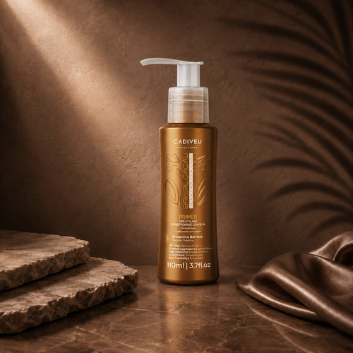 Ds Hair by Dalia Cadiveu Brazil Cacau 110ml Anti-Frizz Heat Shield Primer in a sleek bottle, designed to protect hair from heat.