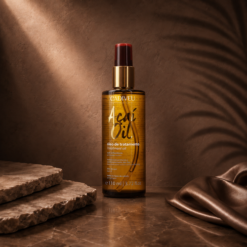 Cadiveu Brazil Cacau Acai Therapy Anti-Frizz Elixir in 110ml bottle, featuring a sleek design with a dropper cap.