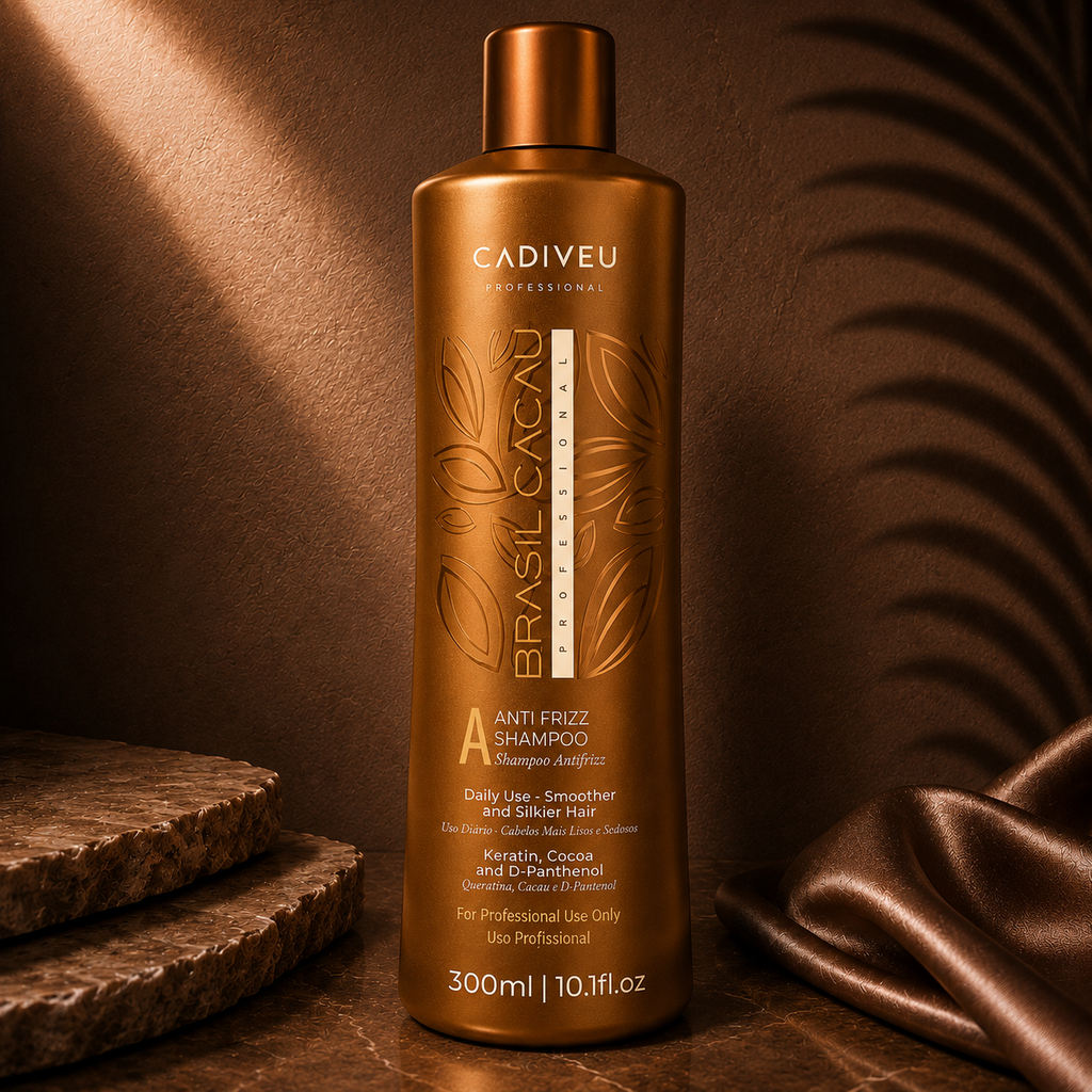 Bottle of Cadiveu Brazil Cacau Anti-Frizz Shampoo by Ds Hair By Dalia, showcasing the product label and packaging.