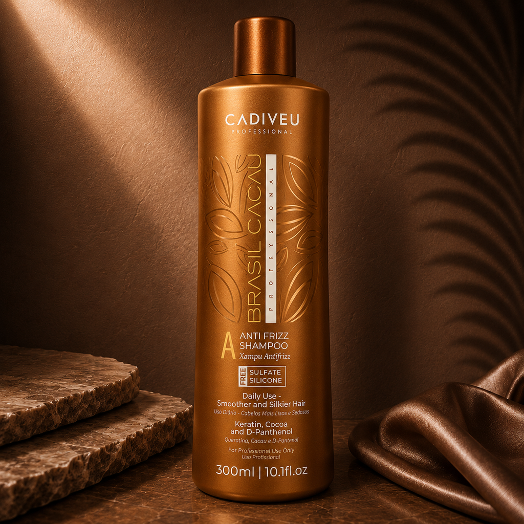 Cadiveu Brazil Cacau Sulphate-Free Anti-Frizz Shampoo by Ds Hair By Dalia, showing the bottle with sleek design and anti-frizz formula.