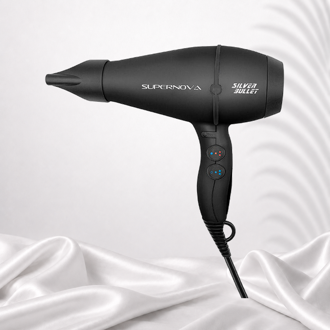 Black Silver Bullet Supernova Hair Dryer by Ds Hair By Dalia, featuring sleek design and professional styling features.