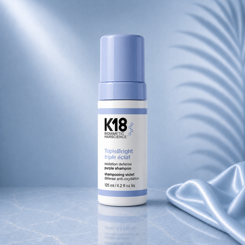 Ds Hair By Dalia TripleBright Blonde Ritual K18 Hair Repair shampoo in 125ml bottle with blonde hair on the label.