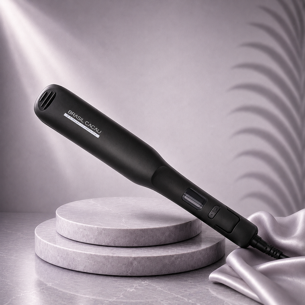 Cadiveu Brazil Cacau 38mm titanium wide plate styling iron by Ds Hair Dalia, with sleek black design and ergonomic handle.