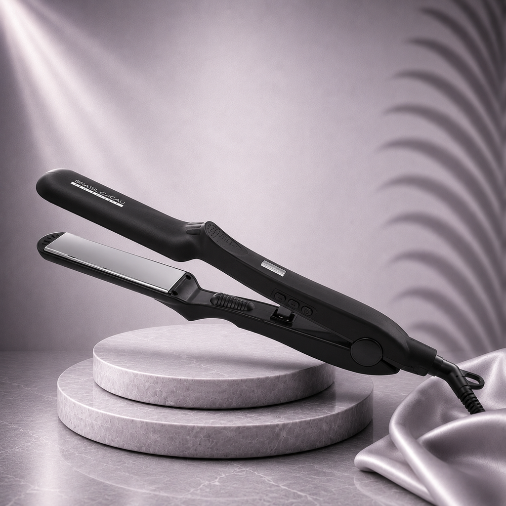 Cadiveu Brazil Cacau 32mm titanium styling iron by Ds Hair Dalia, featuring sleek plates and ergonomic handle for professional hair styling.