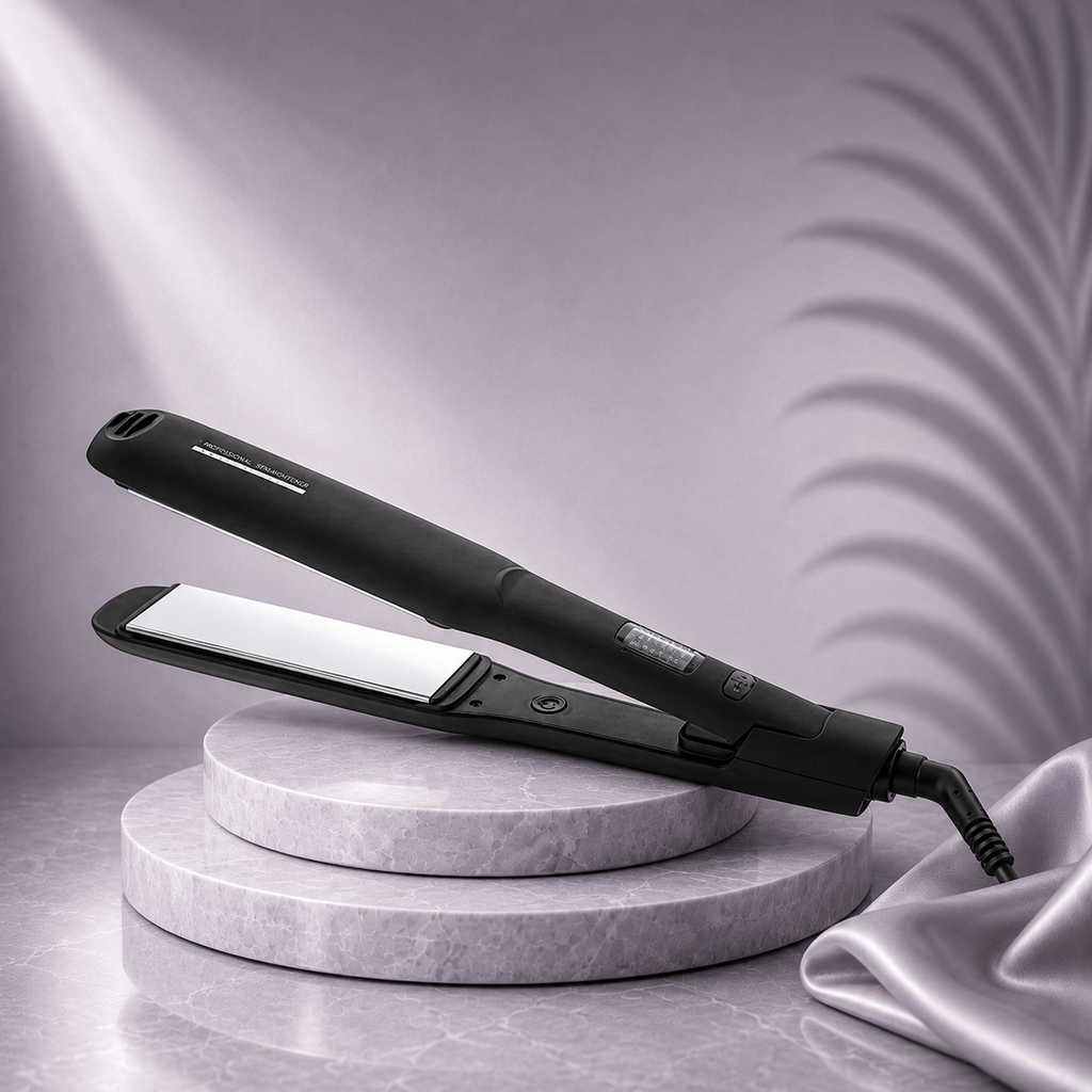 Cadiveu Brazil Cacau 38mm titanium wide plate styling iron from Ds Hair By Dalia, shown with the iron open and ready for styling.