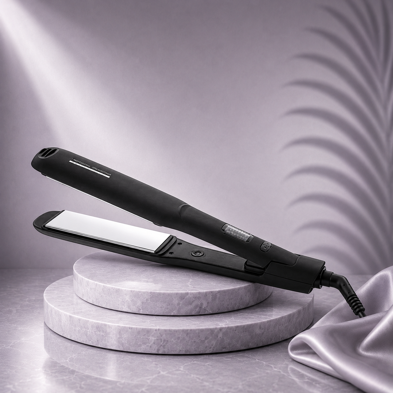 Cadiveu Brazil Cacau 38mm titanium wide plate styling iron from Ds Hair By Dalia, shown with the iron open and ready for styling.