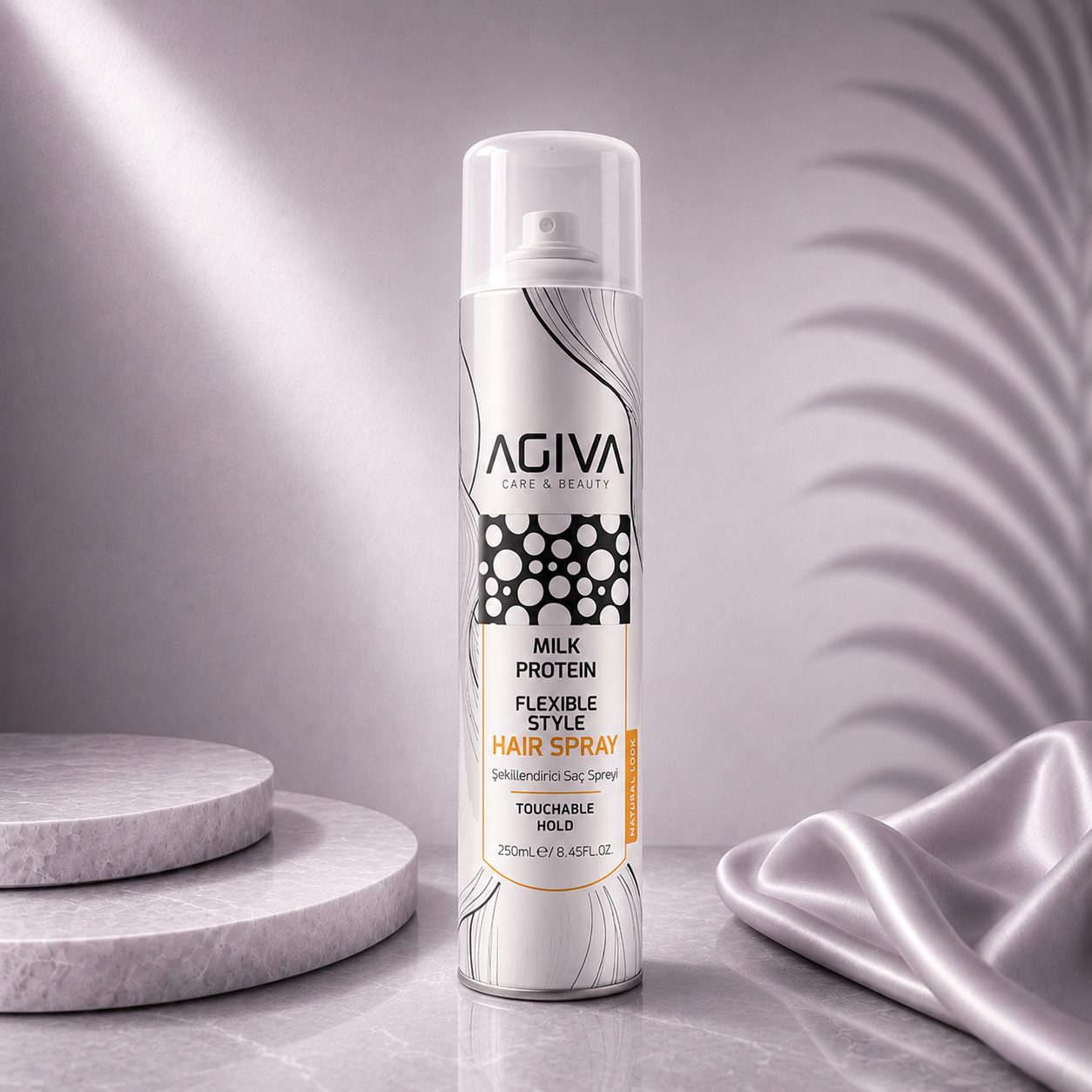 Ds Hair by Dalia AGIVA Milk Protein Styling Hair Spray, 250ml bottle with spray nozzle, ready to hold and shape hair styles.