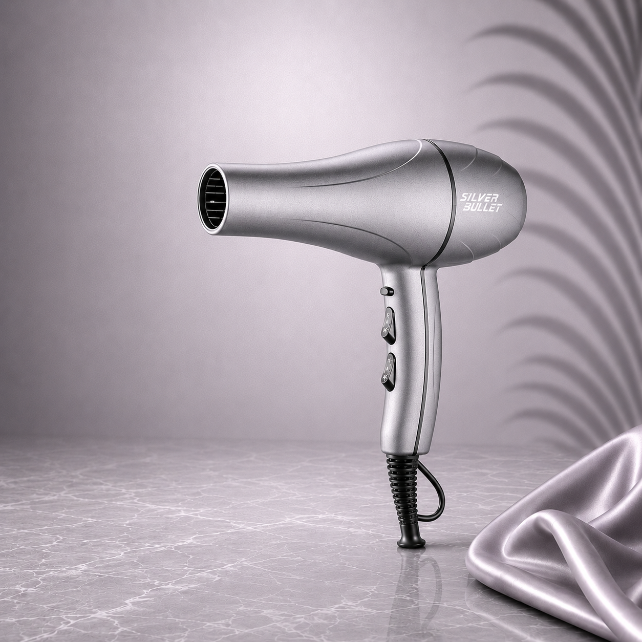 Silver Bullet Style Pro Hair Dryer by Ds Hair By Dalia featuring a sleek silver design and professional styling features.