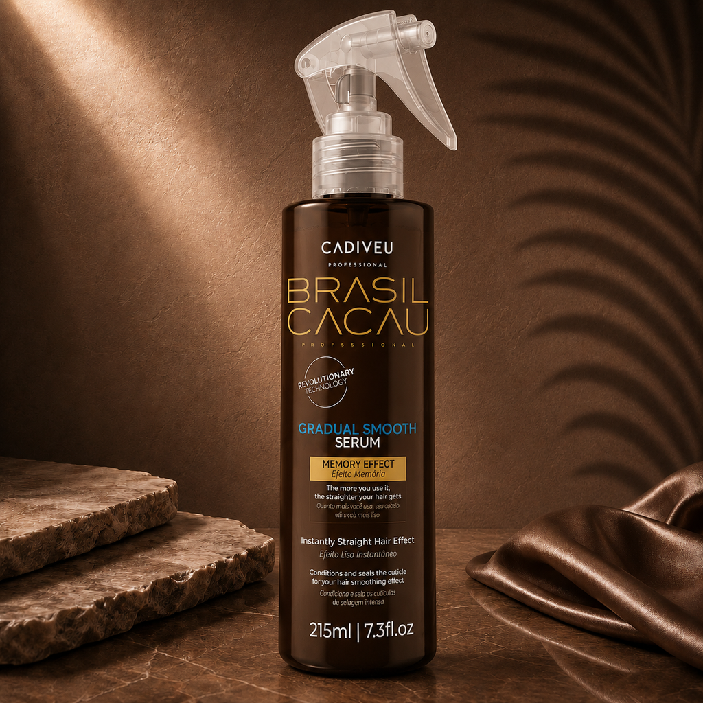 Ds Hair by Dalia Cadiveu Brazil Cacau Anti-Frizz Serum spray in 215ml bottle, smooths and controls frizz for sleek hair.