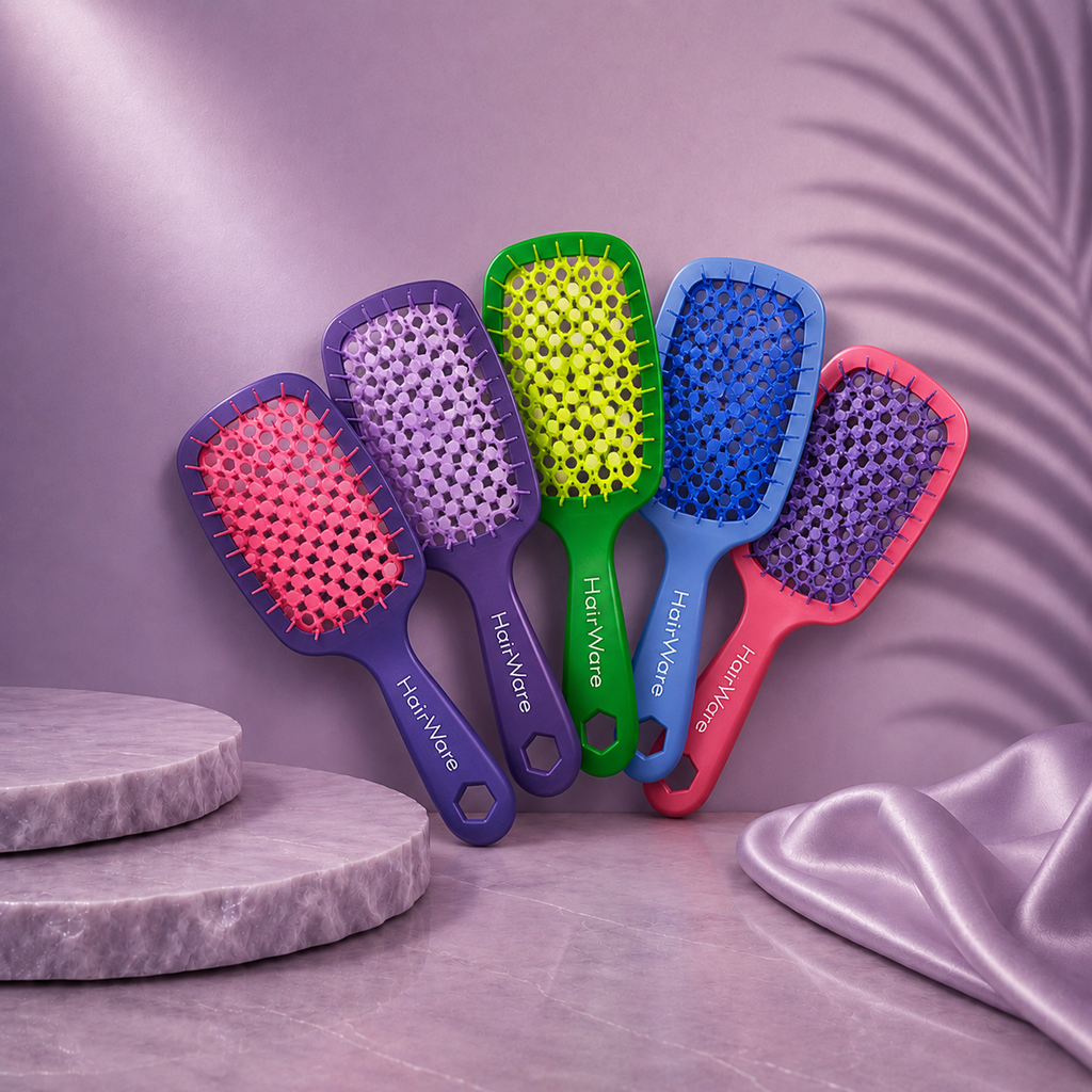Wet brush from Ds Hair By Dalia's Effortless Brush Ritual line with colorful bristles for gentle hair detangling.