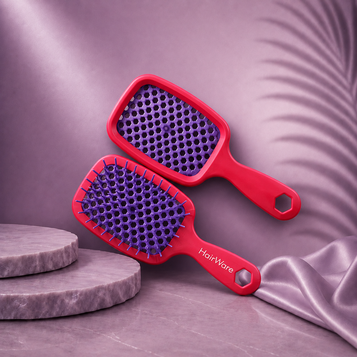 Wet hair being styled with Ds Hair By Dalia Effortless Brush Ritual hairbrush, showcasing its colorful bristles and ergonomic design.